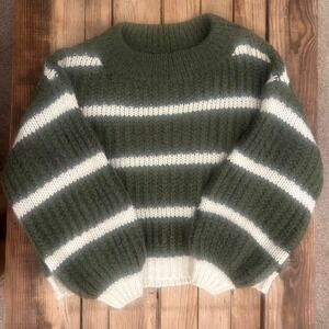 Miracle USA Forest Green White Striped Chunky Knit Balloon Sleeve Sweater S/M